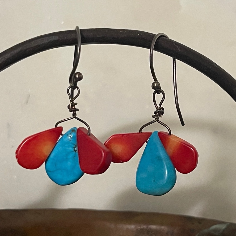 Vintage Earrings Sterling Silver Teardrops Turquoise and Coral.